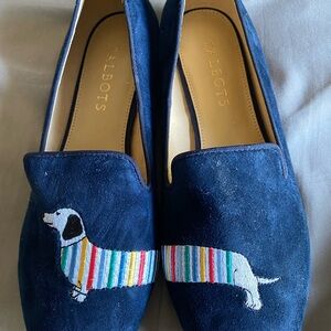 NWOT. Talbots Navy Suede Loafers Shoes with Striped Dachshund Sz 6.5